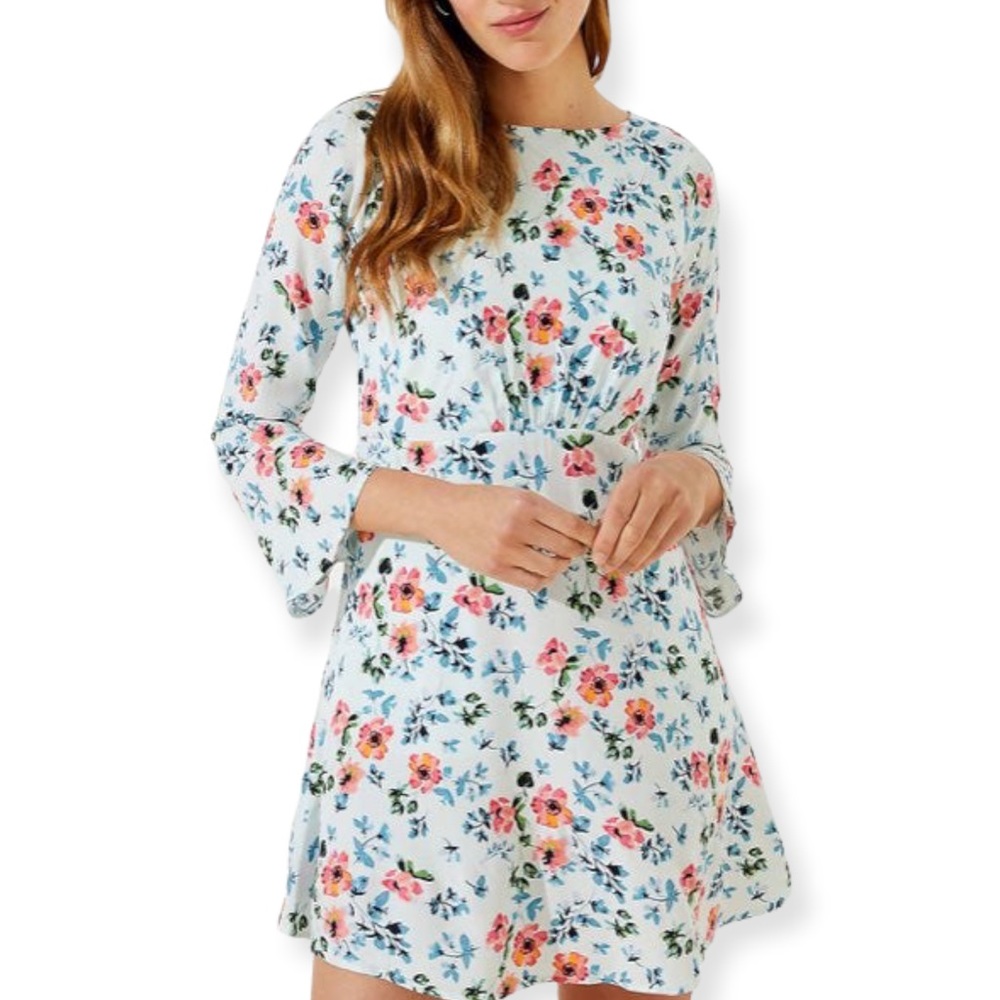 NWT Loft Floral Tie Back Boho Bell Sleeve Dress in Soft Blue Breeze Size 00